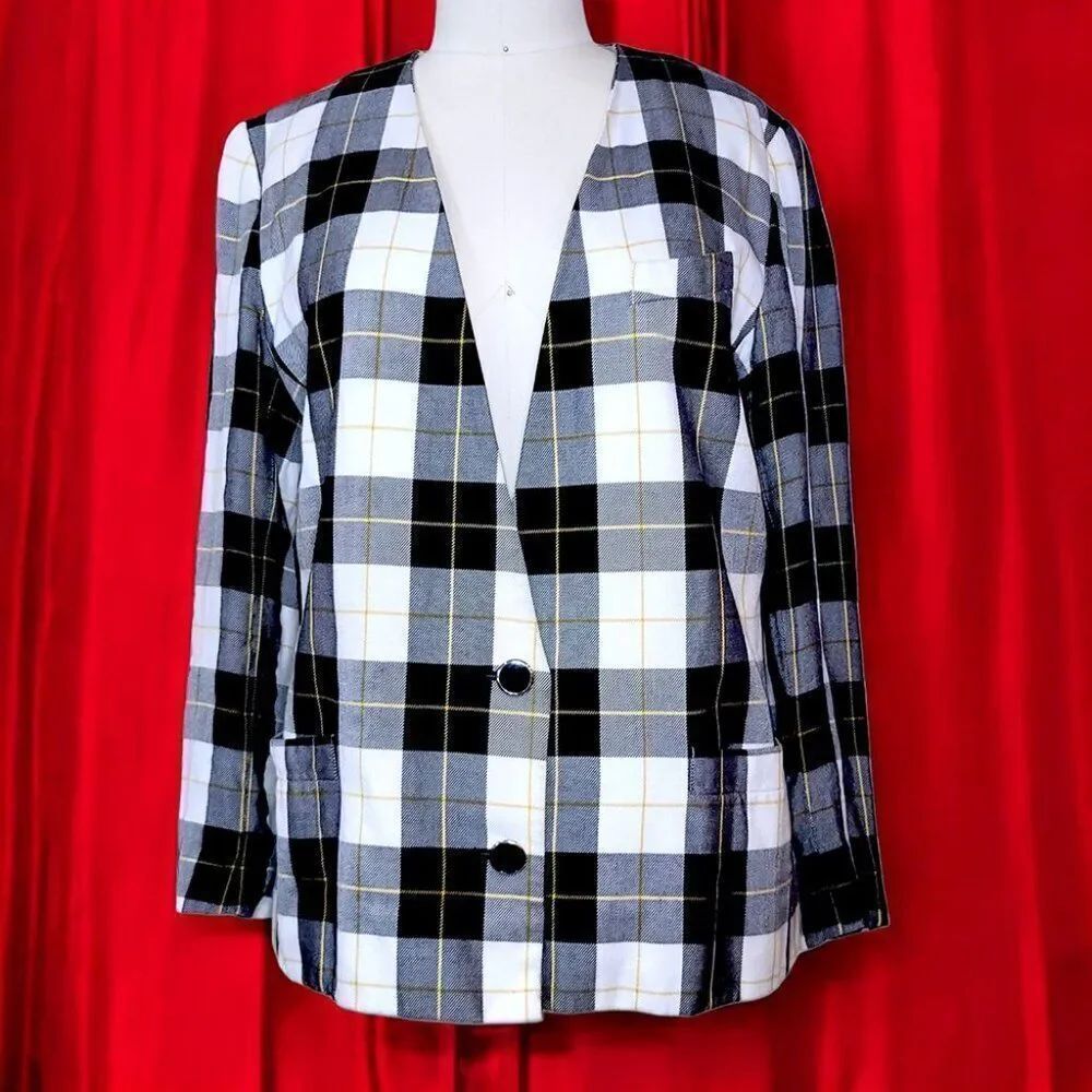 Kasper Plaid Blazer Jacket – Black, White & Yellow Check